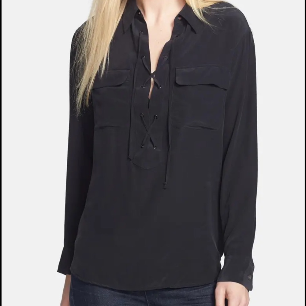 Equipment Knox sz l black blouse lace front detail